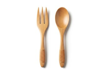 Two natural wooden utensils, a fork and a spoon, are displayed vertically against a bright white background.