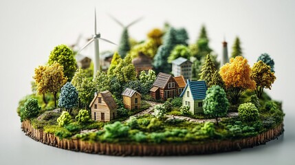 A miniature energy cooperative concept, isolated against a white background. A community works together to create a sustainable, greener environment. Illustrates eco-friendly lifestyle and innovation.