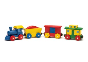 Colorful wooden toy train set photographed against a bright white background