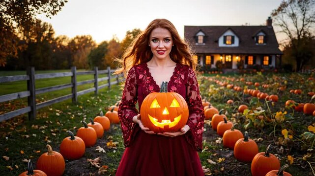 Beautiful woman holding a glowing jack-o'-lantern in a pumpkin patch with a picturesque autumn farmhouse in the background