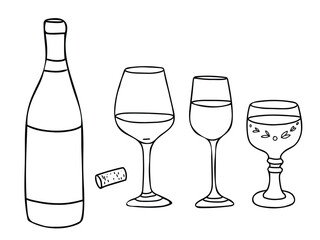 Wine Set. White, red and roman wine glasses and bottle with cork. Hand drawn Vector illustration, line art in Doodle style. For Bar menu, logo, cards and posters.
