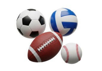 a dynamic arrangement of soccer, american football, volleyball, and baseball balls, hyperrealistically frozen mid-flight against a high-key transparent studio background with copy space. concept for