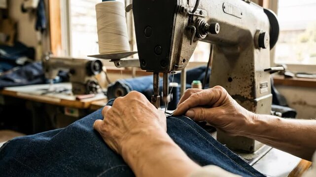 Old man sewing blue denim fabric on a vintage sewing machine, close up of hands guiding cloth with thread spool for garment repair concept