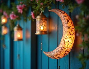 Obraz premium Decorative crescent moon lantern hangs on the blue wooden wall. Warm light shines through. Small hanging lanterns and pink flowers create peaceful night atmosphere.