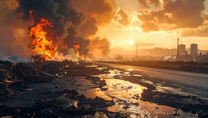 Fire and smoke rise over a landscape at sunset with a road and buildings visible in the distance