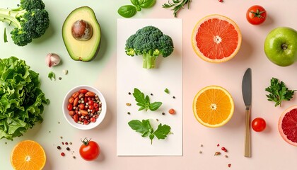 Fresh vegetables and fruits arranged on a table with a cutting board in the center