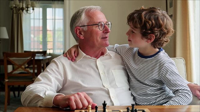 Grandfather and grandson looking at each other while sitting near a window playing chess