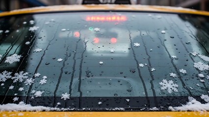 Close-up view of melting snowflakes and water streaks on the back window of a yellow taxi in winter