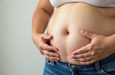 Naklejka premium Overweight asian woman holds her large belly fat. Female measures her excess abdomen size, concerned about body shape and weight gain. Lifestyle choice issue.