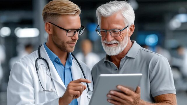 doctor explaining medical test results to elderly man with empathy and professionalism in healthcare setting