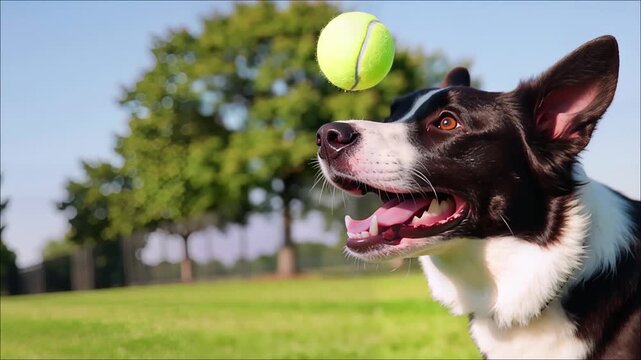 Happy black and white Border Collie dog running on bright green grass under a clear blue sky