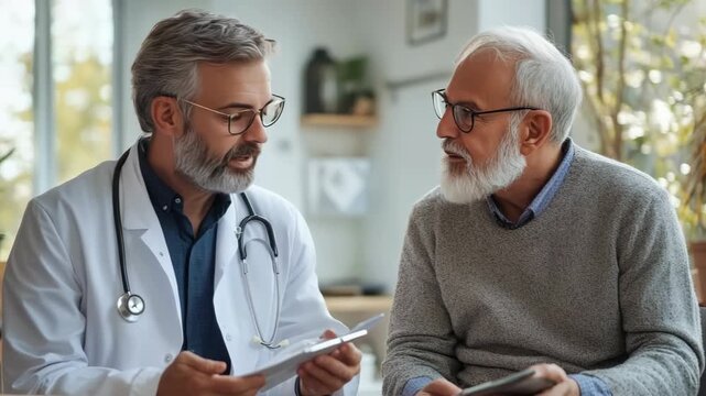 doctor explaining medical test results to elderly man with empathy and professionalism in healthcare setting