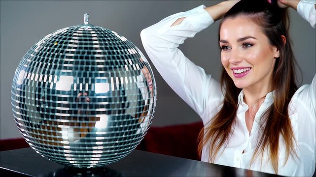 Smiling woman in white shirt next to large mirrored disco ball on dark surface