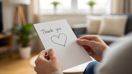 Close-up of hands holding a heartfelt thank you card with a hand-drawn heart, conveying sincere appreciation and gratitude in a cozy home environment