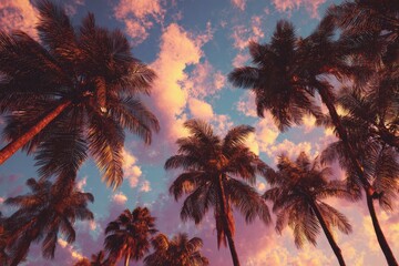Warm, low-angle shot of palm trees reaching towards a vibrant, cloudy sunset sky