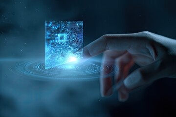 A digital concept art with hand touching a glowing circuit board. Abstract, futuristic design