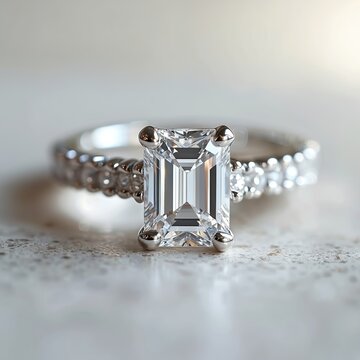 Close up photo shows an emerald cut diamond ring. The elegant ring rests on a smooth surface. It is a symbol of luxury and romance. Perfect for wedding proposals or gifts.