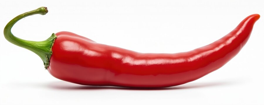 Bright red chili pepper with green stem isolated on white background. This spicy ingredient adds heat and flavor to food preparation. Perfect for cooking recipes and culinary arts. - Powered by Adobe