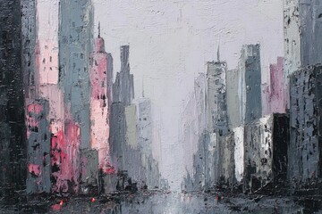 Cityscape painting depicting tall buildings lining a street under a hazy sky, with muted colors