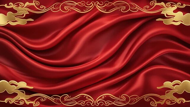 Red silk fabric texture waves in motion, gold cloud patterns and chinese decorative border for greeting card backdrop