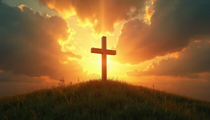 Wooden cross stands on grassy hill under dramatic sunrise sky. Sun rays pierce through clouds illuminating sacred religious symbol. Hopeful divine light shines upon hilltop.