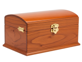 Isolated wooden box with curved lid and golden lock clasp in front view studio shot