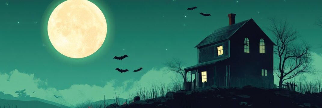 Haunted house under full moon with bats in a minimalist graphic layout at night - Powered by Adobe