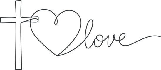 Christian cross and heart symbolize divine love in continuous line art