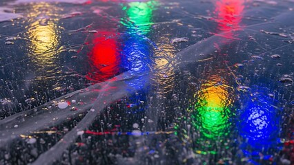 A close-up of vibrant multicolored lights reflecting on a cold, fractured ice surface