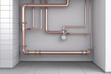 Graphic design for plumbing service featuring copper pipes in a boiler room with minimalism style