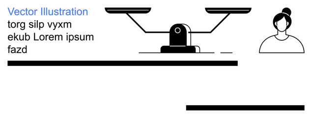 Legal rights, balance, equality, decision-making, fairness, arbitration. Black and white scales alongside a human figure. Legal rights and balance in a minimalist style