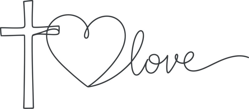 Naklejki Christian cross and heart symbolize divine love in continuous line art
