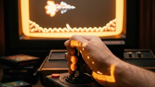 Man playing retro video game with explosion on screen. Nostalgic arcade game sequence with vintage console and joystick.