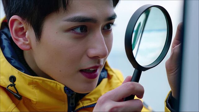 Close up portrait of young man in yellow jacket closely examining something with a handheld magnifying glass