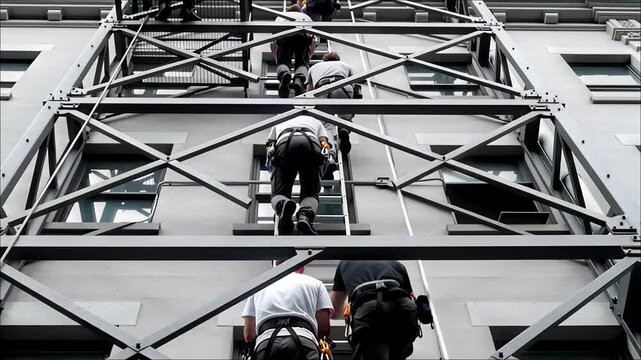 Workers in safety harnesses ascending a metal ladder structure attached to a modern grey building facade