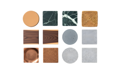 Collection of square and round coasters isolated on transparent background