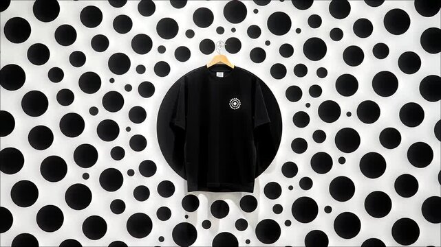 Black t shirt with small white logo hangs against a striking white wall covered in large black polka dots
