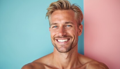 Blond man with blue eyes smiles brightly against a turquoise and pink background. Close-up portrait of a handsome man with clear skin and healthy teeth shows happiness and confidence.