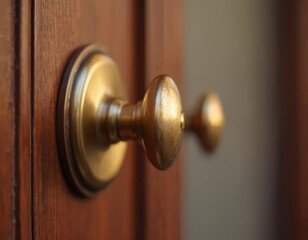 Obraz premium Brass doorknob on dark brown wooden door. Close-up detail of classic hardware. Warm light, textured surface. Elegant entry point for home or business.