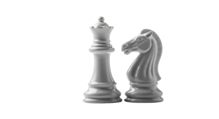 ultra-sharp macro shot of glossy white ceramic staunton queen and knight, strategically aligned on a transparent background with high-key lighting. Concept of strategic partnership
