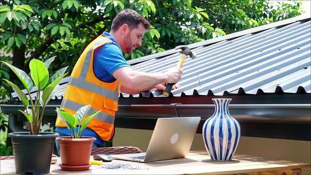 Tradesman in safety vest using a hammer near a laptop beside potted plants and striped vase