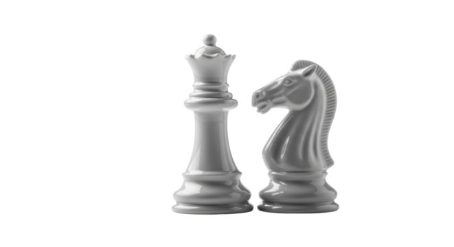 ultra-sharp macro shot of glossy white ceramic staunton queen and knight, strategically aligned on a transparent background with high-key lighting. Concept of strategic partnership - Powered by Adobe