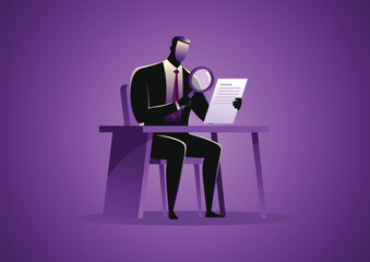 Businessman Analysing Document with Magnifying Glass – Inspection and Detail Checking Concept Vector