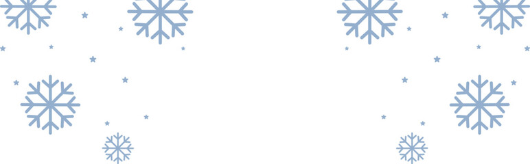 Frosty winter border with pale blue geometric snowflakes and scattered stars framing wide white copy space, perfect for Christmas greetings, seasonal invitations, web banners, and festive holiday prom