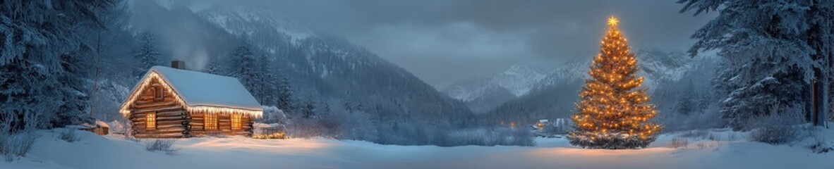 Fototapeta premium Snowy Christmas scene with lit tree and cozy cabin during winter evening hours