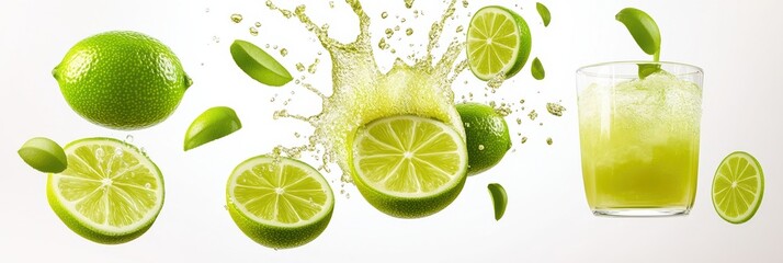 Fresh lime and lemonade splash with whole and sliced limes on white background