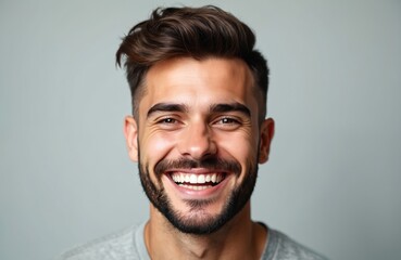 Obraz premium Handsome young man smiles widely in studio. Happy cheerful male with beard looks at camera. Joyful guy demonstrates perfect white teeth. Portrait isolated on gray background