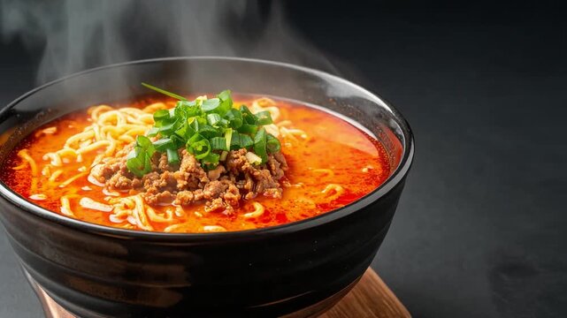 赤みを帯びた湯気立つ担々麵のスープが食欲を刺激する魅力的な一杯