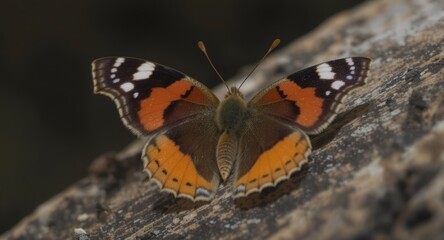 A butterfly with orange, black, and white markings rests on a rough, textured surface