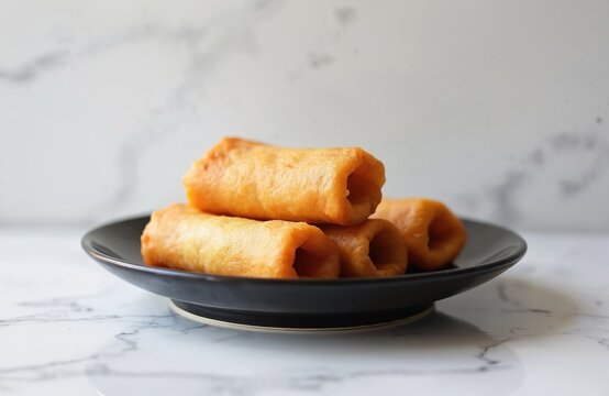 Golden brown egg rolls shaped like tubes sit piled on black plate against marble background. Sweet, crispy wafer cookies popular festive treat. Semprong snacks common during Indonesian holidays like